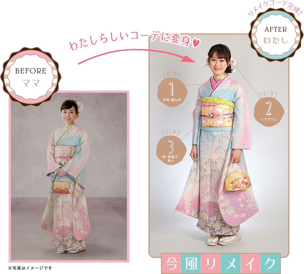 昔ママが着ていた振袖を今時の半衿、ヘアアクセ、帯を着けて今風リメイクができるコーディネイトに変身